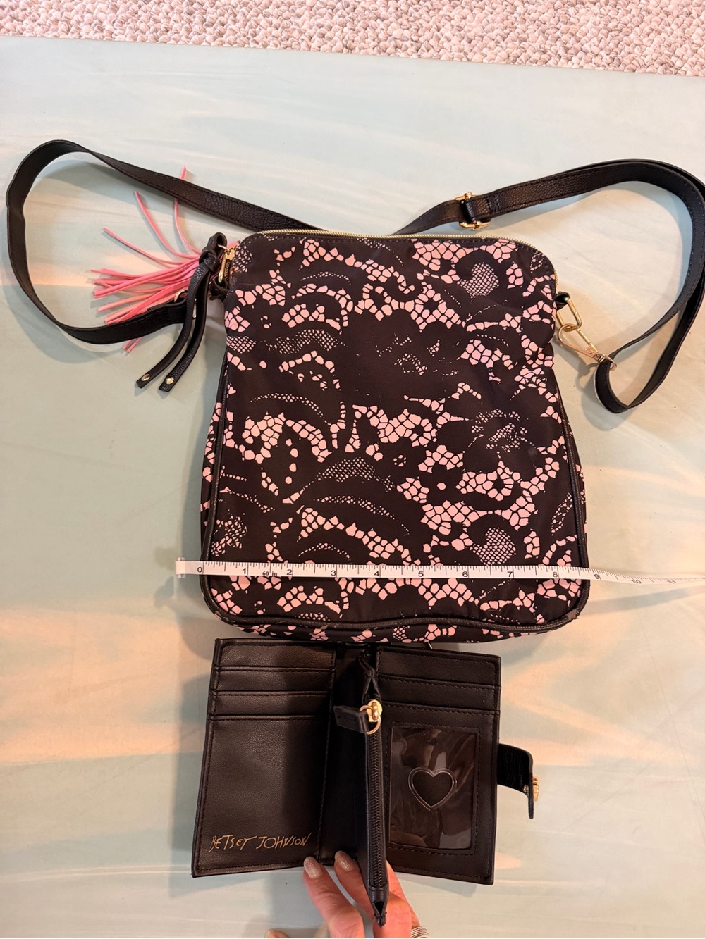 Betsey Johnson Crossbody Bag in Black and Pink Lace Print - Betsey Wallet - Picture 2 of 4